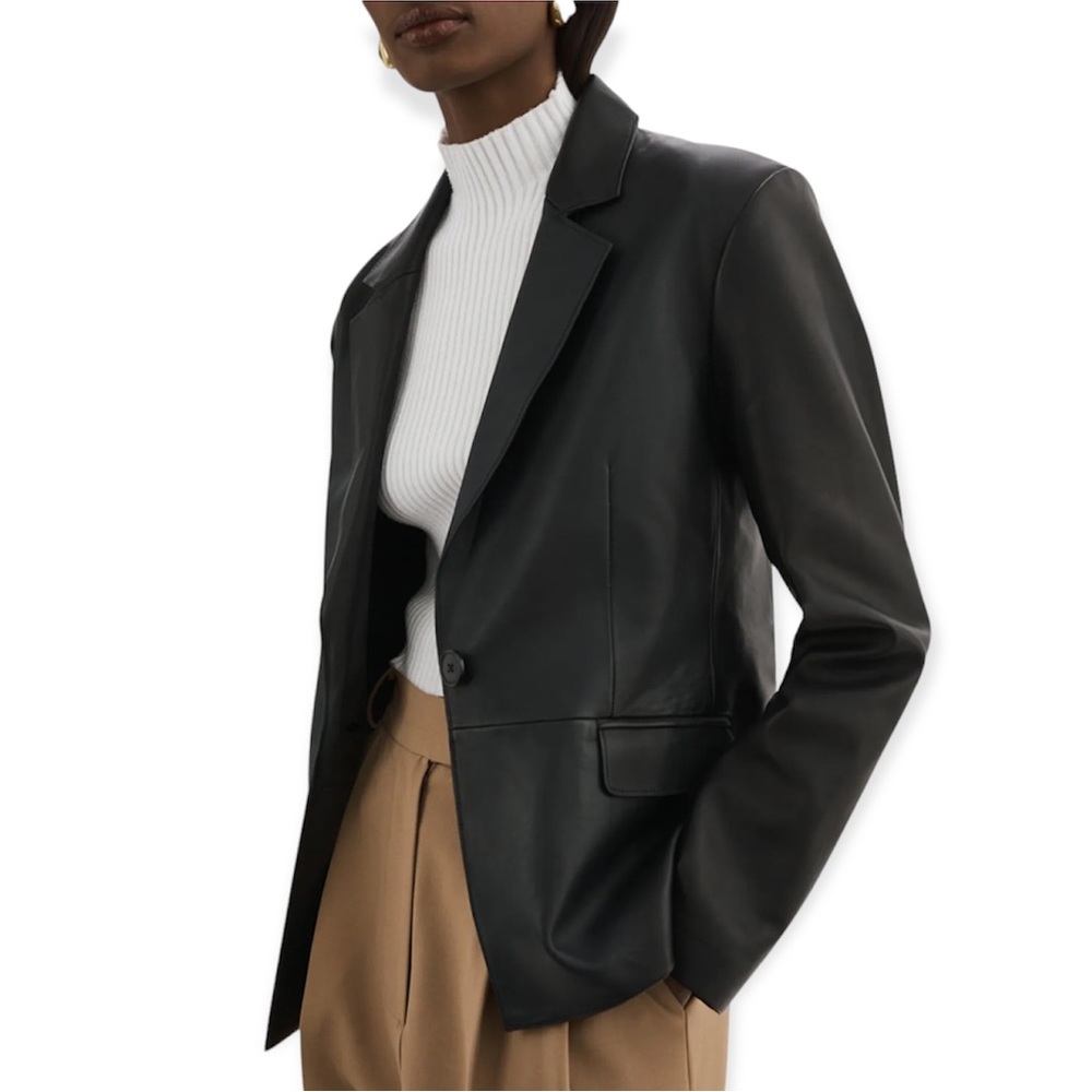 Minimalist LaMarque Elza Notched Collar Black Leather Blazer Jacket